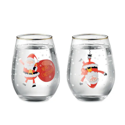 Set 2 pahare de craciun cu vin translucide fara picior cu ornamente aurii si desene festive cu mos craciun rosii si negri