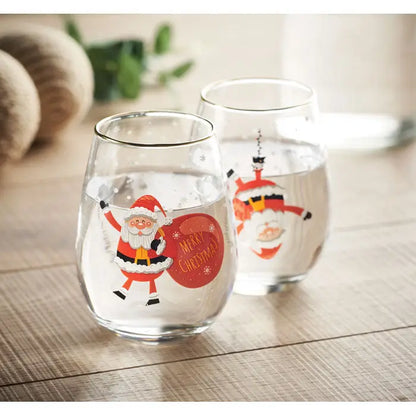 Set 2 pahare de craciun stemless din sticla clara cu ilustratii festive mos craciun si text merry christmas rosii cu bordura aurie