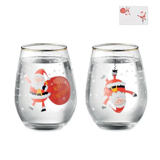 Set 2 pahare de craciun stemless din sticla transparenta cu rama aurie si ilustratii festive cu mos craciun rosii si albe