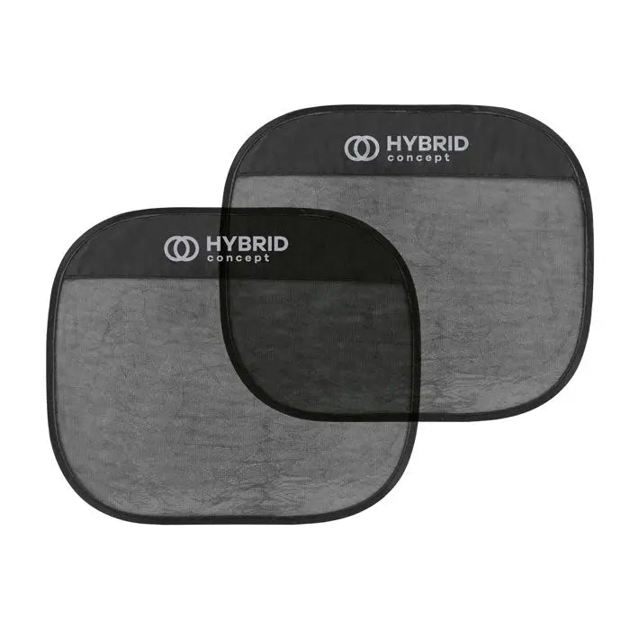 Set 2 parasolare auto din plasă neagră cu branding hybrid concept pe margine neagră pentru protecție solară