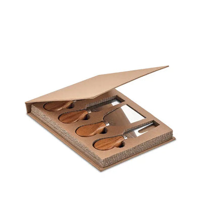 Set 4 cutite pentru branza cu maner din lemn intr-o cutie maro de prezentare din carton