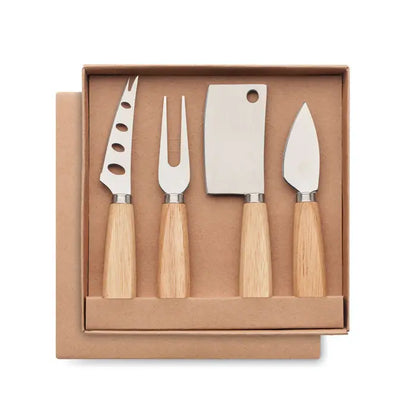 Set 4 cutite pentru branza din otel inoxidabil cu manere din lemn deschis, aranjate in cutie cadou din carton maro