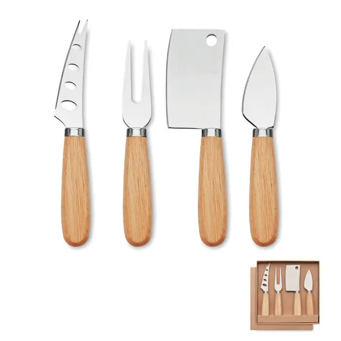 Set 4 cuțite pentru brânză din oțel inoxidabil cu mânere din lemn deschis ideal pentru servirea brânzeturilor