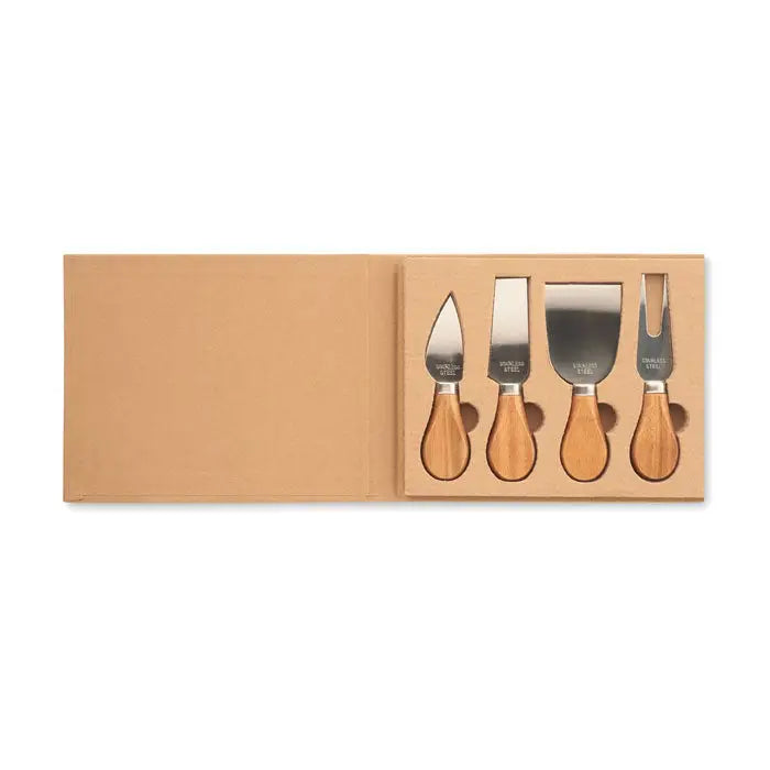 Set 4 cutite pentru branza din otel inoxidabil cu manere din lemn deschis, aranjate intr-o cutie minimalista din carton