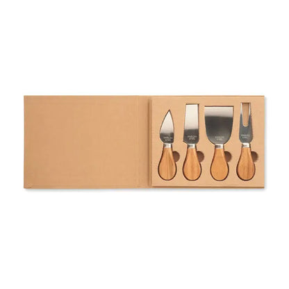Set 4 cutite pentru branza din otel inoxidabil cu manere din lemn deschis, aranjate intr-o cutie minimalista din carton