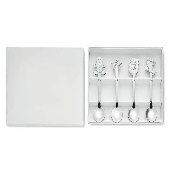 Set 4 lingurite de Craciun argintii din metal cu decoratiuni de turta dulce steluta om de zapada si ciorap