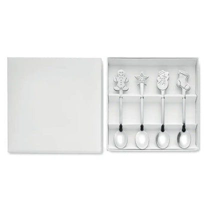 Set 4 lingurite de craciun argintii cu modele de turta dulce stea om de zapada si ciorap