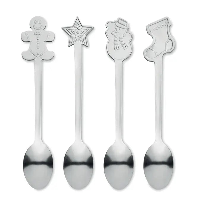 Set 4 lingurite de Craciun din otel inoxidabil cu modele festive de turta dulce, stea, om de zapada si ciorap