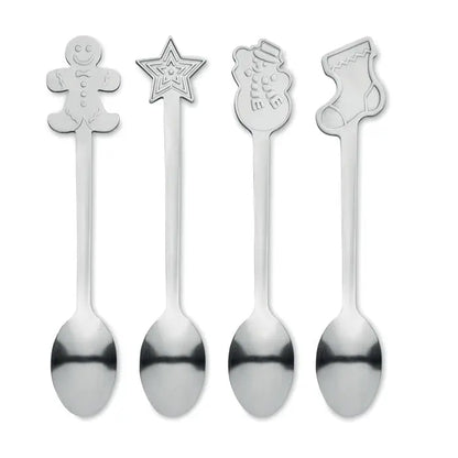 Set 4 lingurite de Craciun din otel inoxidabil cu modele festive de turta dulce, stea, om de zapada si ciorap