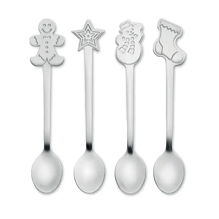 Set 4 lingurite de craciun argintii din metal cu modele festive de turta dulce, stea, om de zapada si ciorap