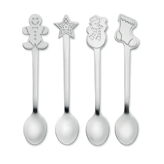 Set 4 lingurite de craciun argintii din metal cu modele festive de turta dulce, stea, om de zapada si ciorap
