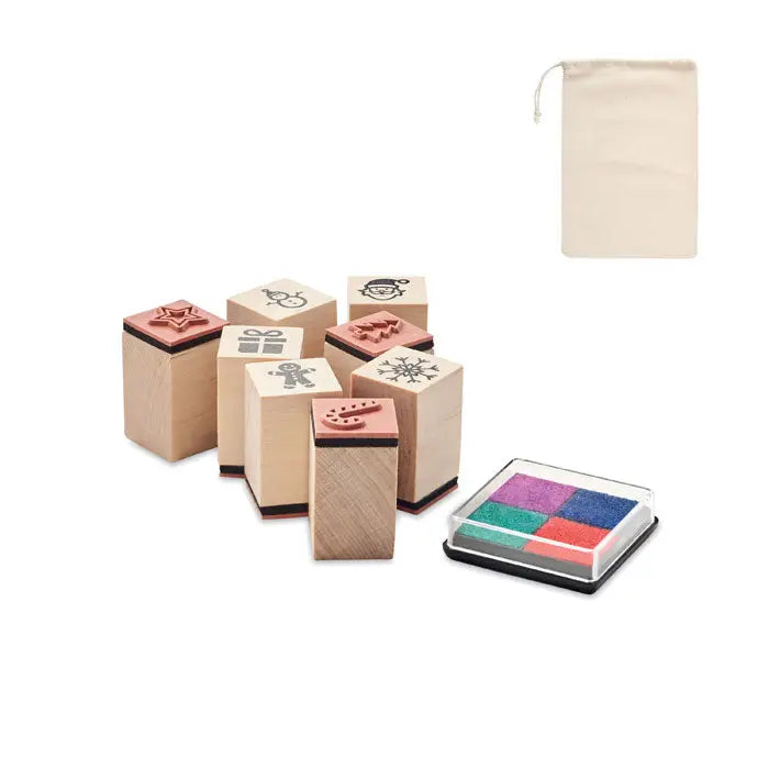 Set 8 timbre din lemn de Craciun cu culori vii si saculet de depozitare pentru decoratiuni festive