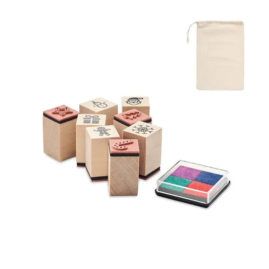 Set 8 timbre din lemn de Craciun cu culori vii si saculet de depozitare pentru decoratiuni festive