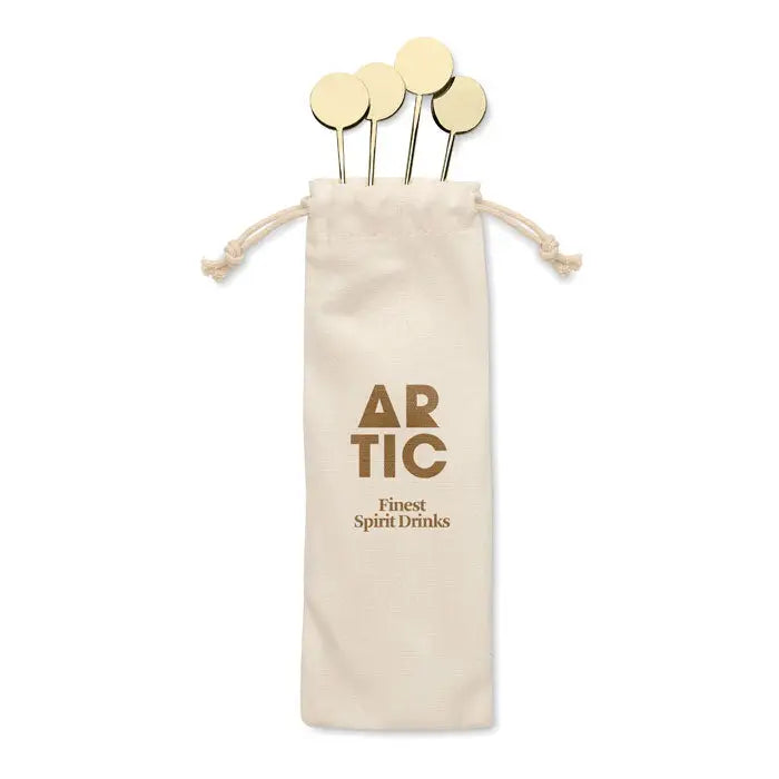 Set agitatoare din otel inoxidabil aurii, circulare, cu tija subtire, stocate intr-un sac crem din panza