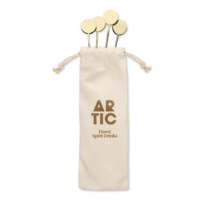 Set agitatoare din otel inoxidabil aurii, circulare, cu tija subtire, stocate intr-un sac crem din panza