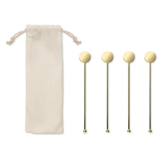 Set agitatoare din otel inoxidabil aurii cu capete sferice si saculet textil asortat pentru cocktailuri