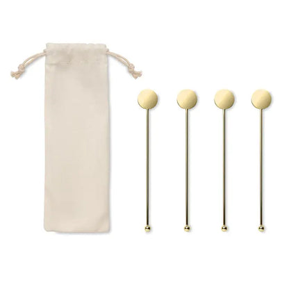 Set agitatoare din otel inoxidabil aurii cu capete sferice si saculet textil asortat pentru cocktailuri