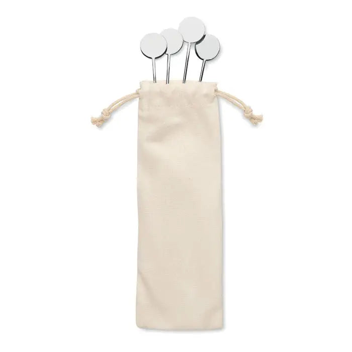 Set agitatoare din otel inoxidabil cu patru piese argintii elegante in saculet textil bej cu snur