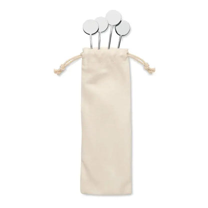 Set agitatoare din otel inoxidabil cu patru piese argintii elegante in saculet textil bej cu snur