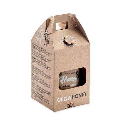 Cutie cadou din carton maro pentru borcan de miere de flori sălbatice 50g cu fereastră transparentă și ilustrație albina decorativă