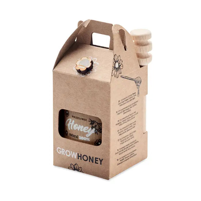 Set borcan cu miere de flori salbatice 50gr in cutie cadou din carton maro cu lingurita de lemn pentru miere