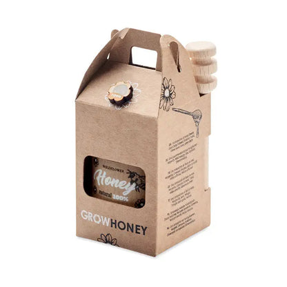 Set borcan cu miere de flori salbatice 50gr in cutie cadou din carton maro cu lingurita de lemn pentru miere