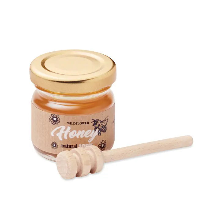 Set borcan cu miere de flori salbatice 50gr cu capac auriu si lingurita din lemn alaturi