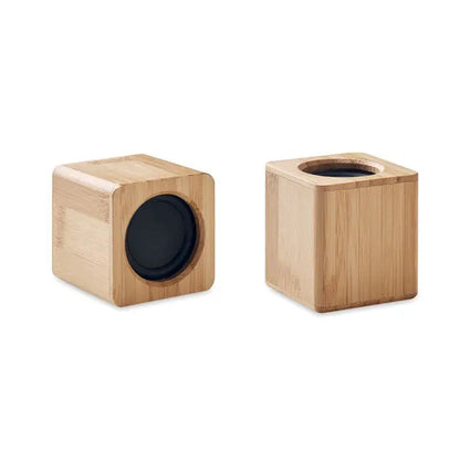 Set boxe wireless bambus cu difuzoare negre rotunde minimaliste din lemn de bambus