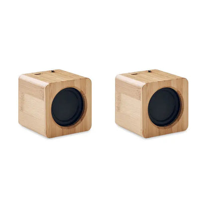 Set boxe wireless bamboo cu design cub din bambus si difuzoare circulare negre pentru sunet wireless
