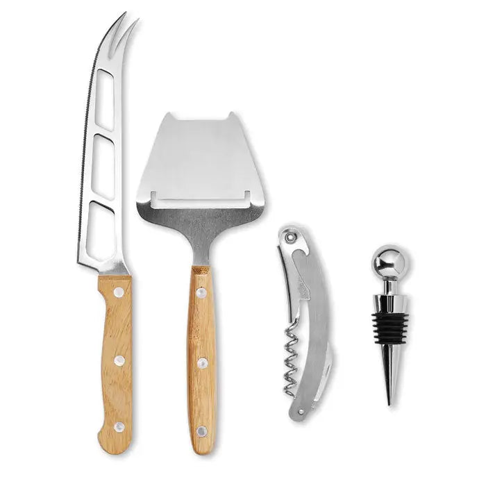 Set branza si vin cu cutit pentru branza maner lemn lama curbata zimtata cu decupaje dreptunghiulare