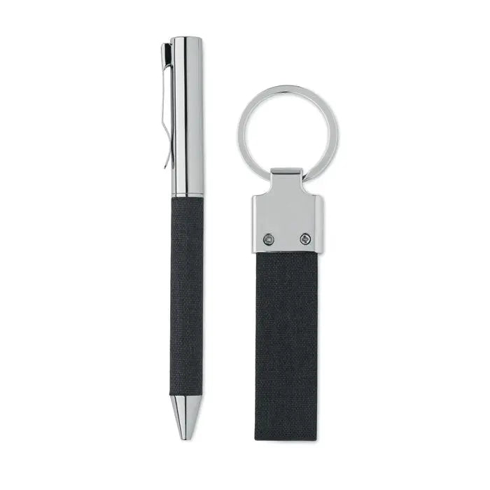 Set cadou 2 piese cu pix argintiu si negru cu grip texturat si breloc asortat in cutie eleganta