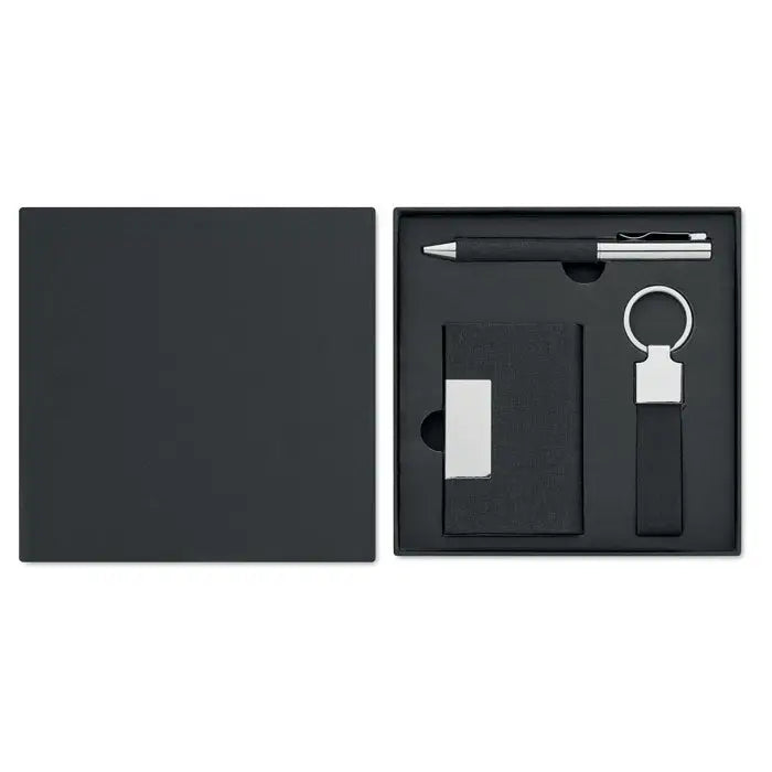 Set cadou 3 piese in cutie cu accesorii business din piele neagra si accente argintii, stilou, port-cartela si breloc