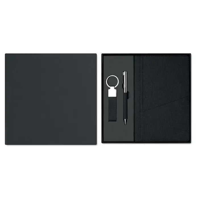 Notebook din piele neagra cu design minimalist si cusaturi subtile din set cadou 3 piese in cutie