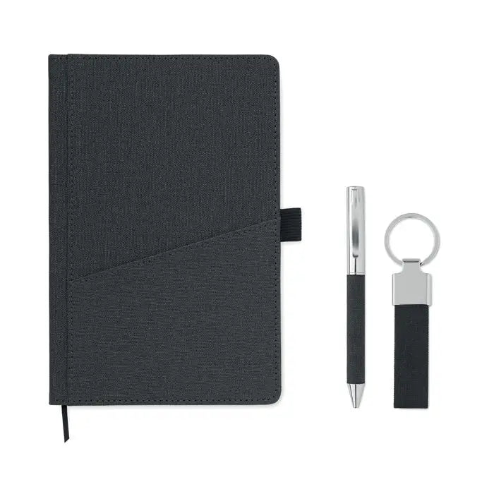 Set cadou 3 piese cu notebook negru texturat, pix si breloc asortate in cutie eleganta