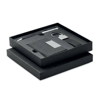 Portofel negru texturat cu placuta argintie rectangulara set cadou 3 piese in cutie