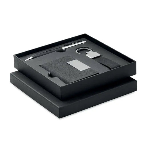 Portofel negru texturat cu placuta argintie rectangulara set cadou 3 piese in cutie