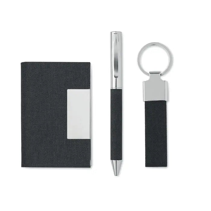 Set cadou 3 piese in cutie cu suport carti de vizita negru texturat si inserție argintie rectangulara