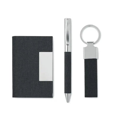 Set cadou 3 piese in cutie cu suport carti de vizita negru texturat si inserție argintie rectangulara