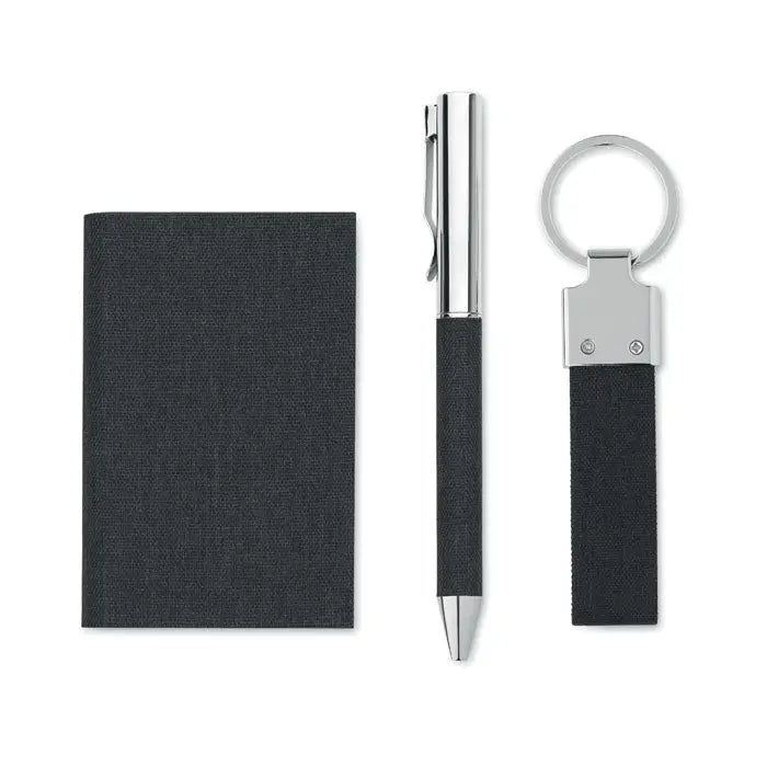 Holder de carduri business din material texturat negru cu accente metalice argintii set cadou 3 piese in cutie