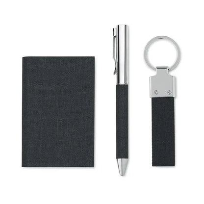 Holder de carduri business din material texturat negru cu accente metalice argintii set cadou 3 piese in cutie