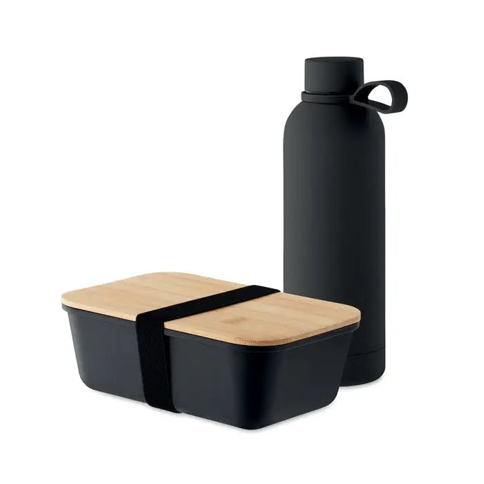 Set cadou cu sticle cutie de pranz cu sticla neagra izolata din otel inoxidabil cu finisaj mat si maner negru