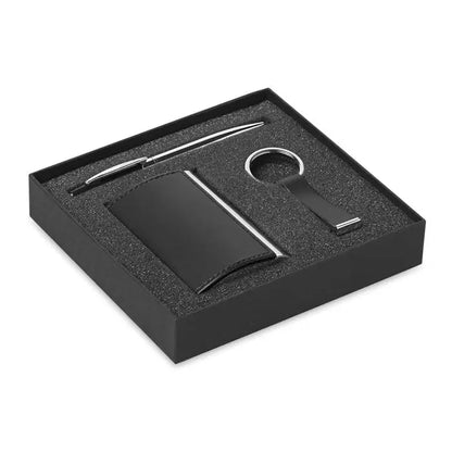 Organizator de carti de vizita din piele neagra cu margine metalica argintie pentru set cadou de afaceri