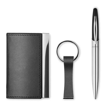 Set cadou de afaceri cu etui pentru carti de vizita din piele neagra cu margine metalica argintie si cusaturi detaliate