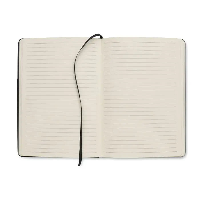 Notebook hardcover negru cu pagini crem liniate si semn de carte negru din set cadou de lux din 3 piese