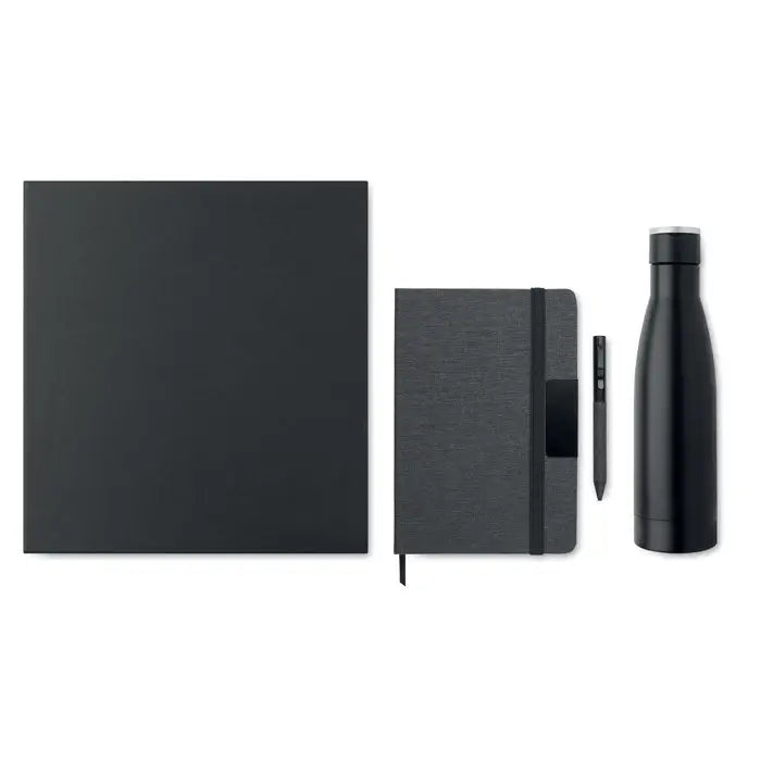 Set cadou de lux din 3 piese cu caiet negru texturat cu elastic si pix negru alaturi