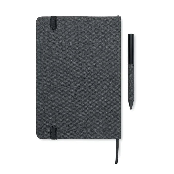 Set cadou de lux din 3 piese cu caiet texturat gri inchis si pix negru cu elastic de prindere
