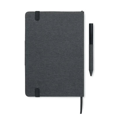 Set cadou de lux din 3 piese cu caiet texturat gri inchis si pix negru cu elastic de prindere
