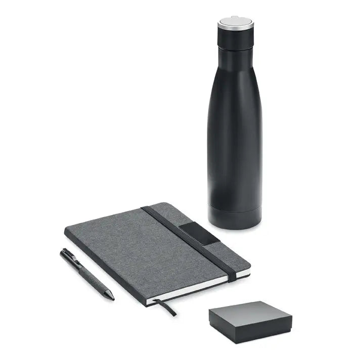 Sticlă de apă din oțel inoxidabil negru cu capac argintiu din set cadou de lux din 3 piese