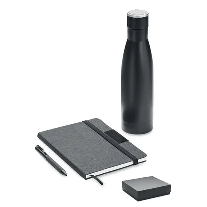 Sticlă de apă din oțel inoxidabil negru cu capac argintiu din set cadou de lux din 3 piese