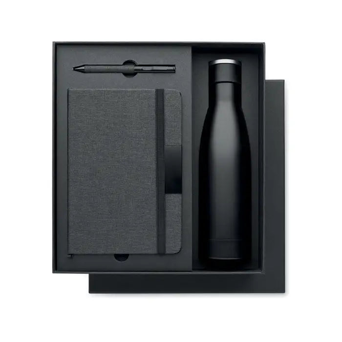 Sticlă de apă din oțel inoxidabil negru mat cu capac argintiu din set cadou de lux din 3 piese